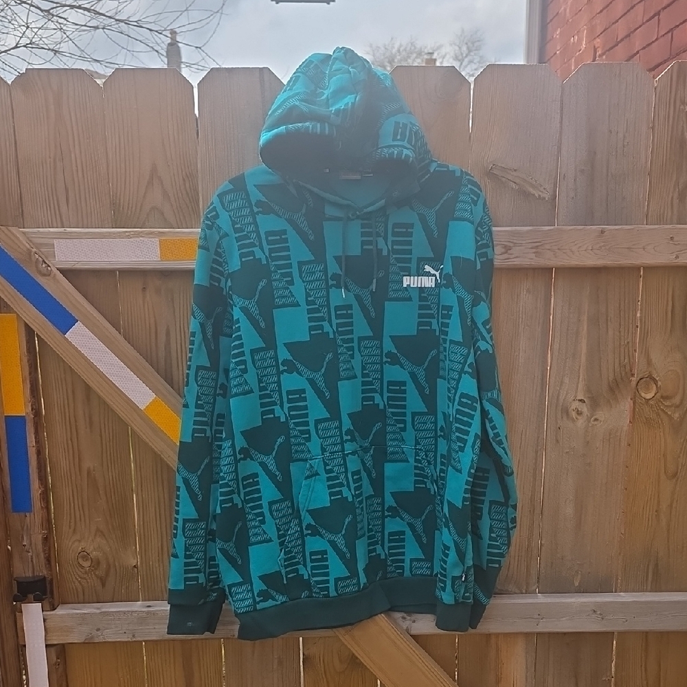 Puma Teal and Black Allover Logo Hoodie